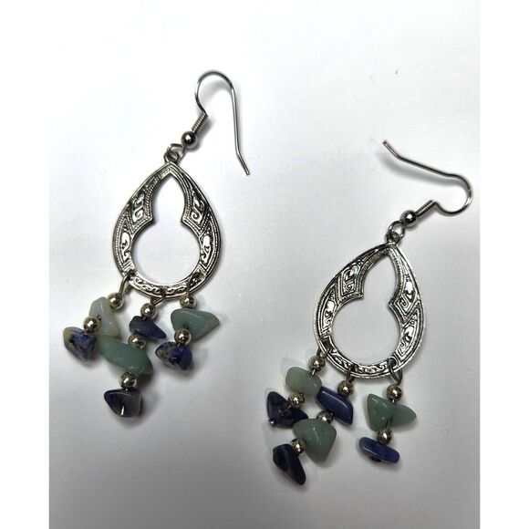 Boho Silver Tone Teardrop Earrings with Blue & Green Gemstone Chip Dangles - Picture 3 of 4